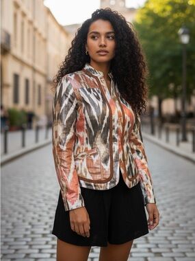 Chico's Multicolor Patterned Zip-Front Jacket in Rust, Brown & Cream